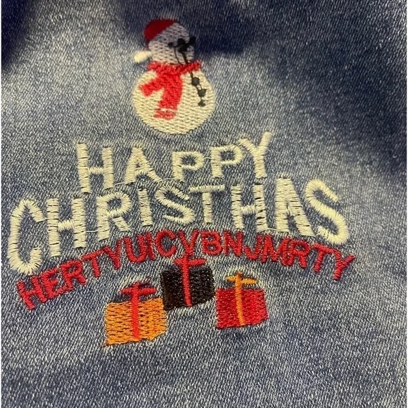 women boyfriend ripped Christmas jeans snowman’s inside holes size XL - Picture 5 of 5